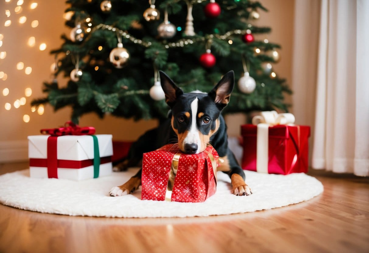 En hund pakker en gave op under juletræet